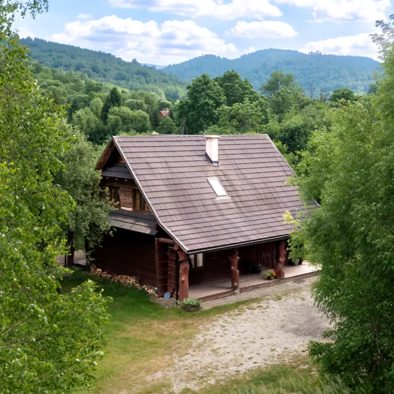 Domek BEAR z góry — dom piętrowy BEAR, domki W Dolinie Sanu w Zatwarnicy (Bieszczady)
