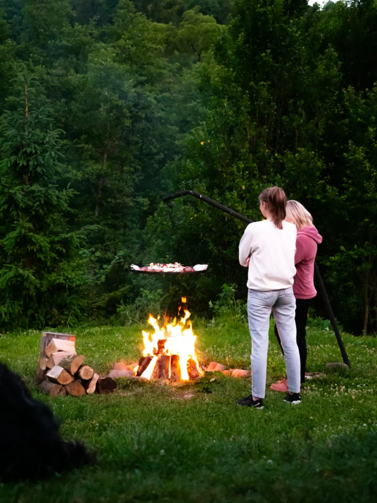 Wieczorne ognisko przy domku — domek parterowy LYNX, domki W Dolinie Sanu w Zatwarnicy (Bieszczady)