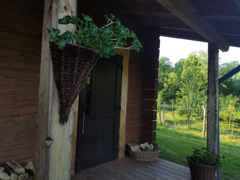 Taras z kwiatami przy domku LYNX — domek parterowy LYNX, domki W Dolinie Sanu w Zatwarnicy (Bieszczady)