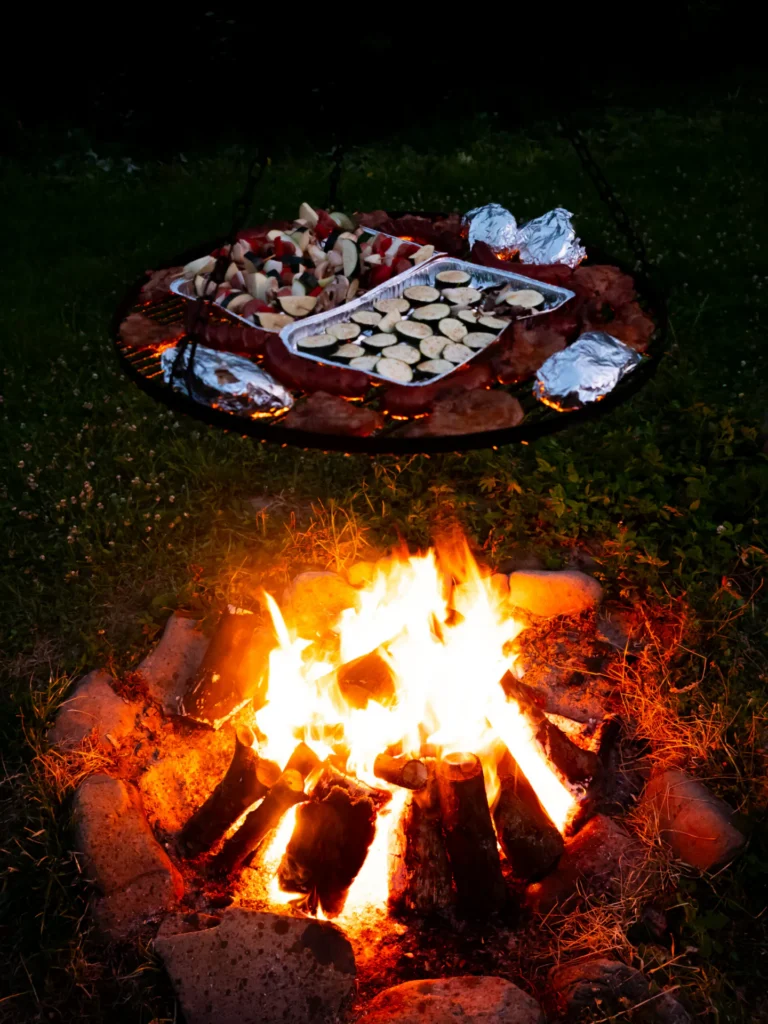 Ognisko z rusztem przy domku — domek parterowy WOLF, domki W Dolinie Sanu w Zatwarnicy (Bieszczady)